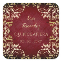 Rustic Red Gold Elegant Quinceanera Square Sticker