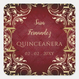 Rustic Red Gold Elegant Quinceanera Square Sticker