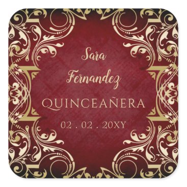 Rustic Red Gold Elegant Quinceanera Square Sticker