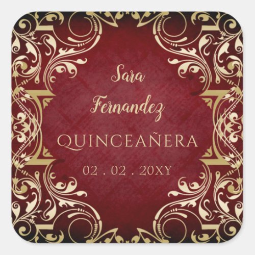 Rustic Red Gold Elegant Quinceanera Square Sticker