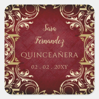 Rustic Red Gold Elegant Quinceanera Square Sticker
