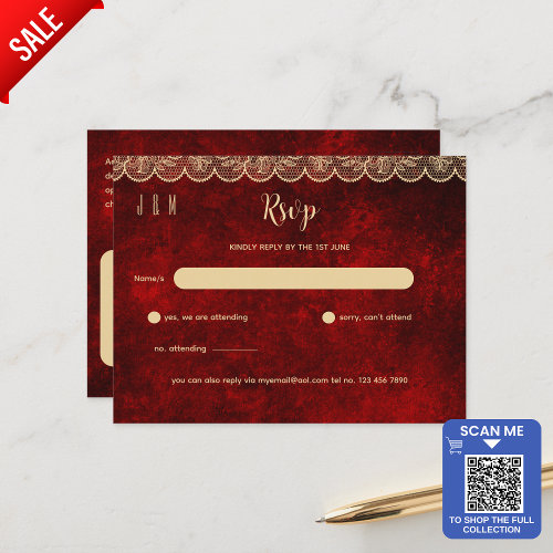 Rustic Red Gold Lace Wedding RSVP For Matching Inv Postcard