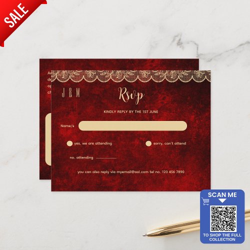 Rustic Red Gold Lace Wedding RSVP For Matching Inv Postcard