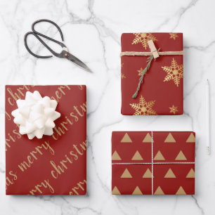 Rustic Red Gold Merry Christmas Snowflake Wrapping Paper Sheets