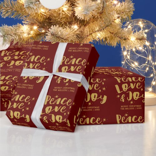 Rustic Red Gold Peace Love  Joy Holiday Christmas Wrapping Paper