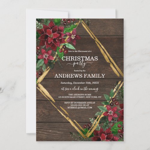 Rustic Red Gold Poinsettia Floral Wood Christmas Invitation