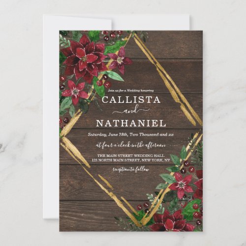 Rustic Red Gold Poinsettia Floral Wood Wedding Invitation