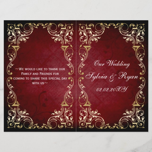 Rustic, red gold regal bookfold Wedding program (Front)