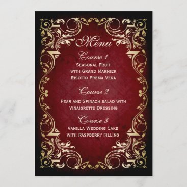 rustic red gold regal wedding menu