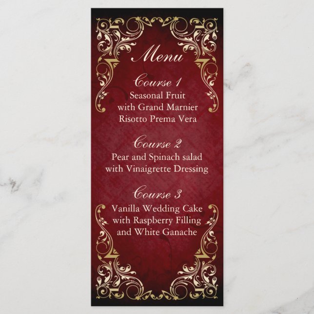 rustic red gold regal wedding menu (Front)