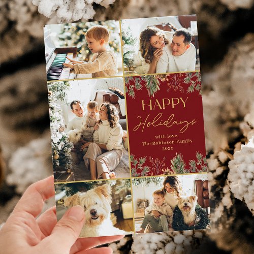 Rustic Red Gold Script Photo Happy Holidays Card