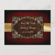 Rustic Red Gold Wedding Save The Date Announcement Postcard