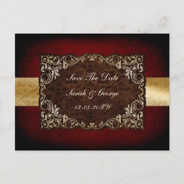 Rustic Red Gold Wedding Save The Date Announcement Postcard (Front)