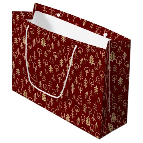 Rustic Red Gold Winter Trees Patterned Large Gift Bag