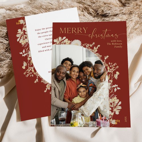 Rustic Red Gold Wreath Photo Christmas Card