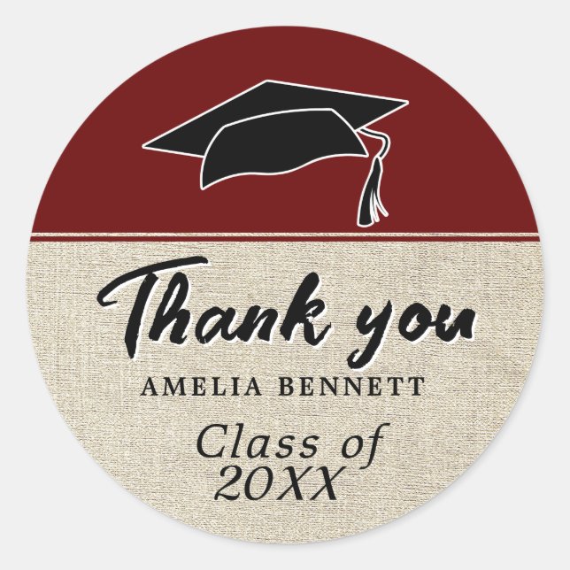Rustic Red Graduate Cap Graduation Thank you Classic Round Sticker (Front)