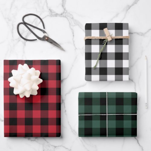 Rustic Red Green and Black Buffalo Plaid Christmas Wrapping Paper Sheets
