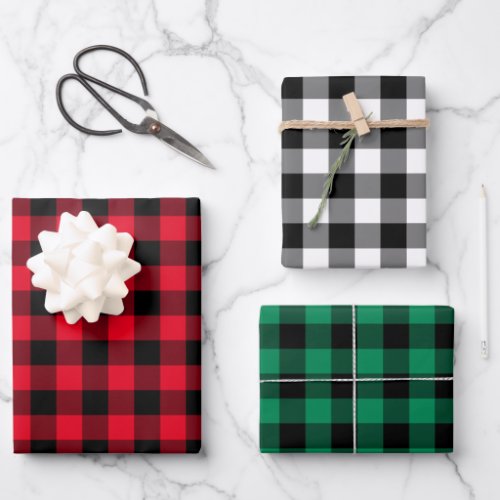 Rustic Red Green and Black Buffalo Plaid Christmas Wrapping Paper Sheets
