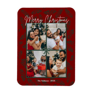 Rustic Red Green Christmas Photo Collage Card Magnet