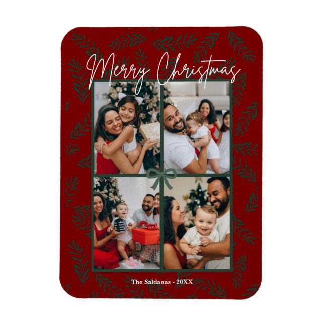 Rustic Red Green Christmas Photo Collage Card  Magnet (Vertical)