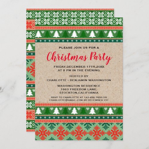 Rustic Red  Green Christmas Ugly Sweater Party Invitation