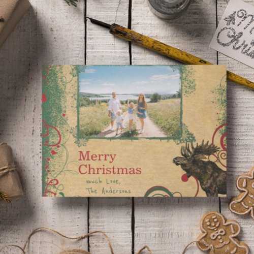 Rustic Red Green Family Christmas Photo  Holiday Postcard