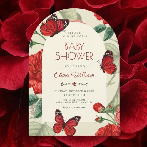 Rustic red green floral baby shower invitation