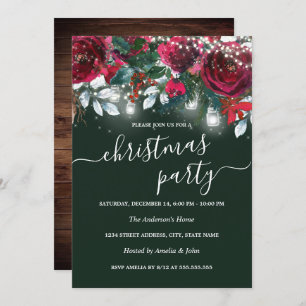 Rustic Red Green Floral Sparkle Christmas Party Invitation