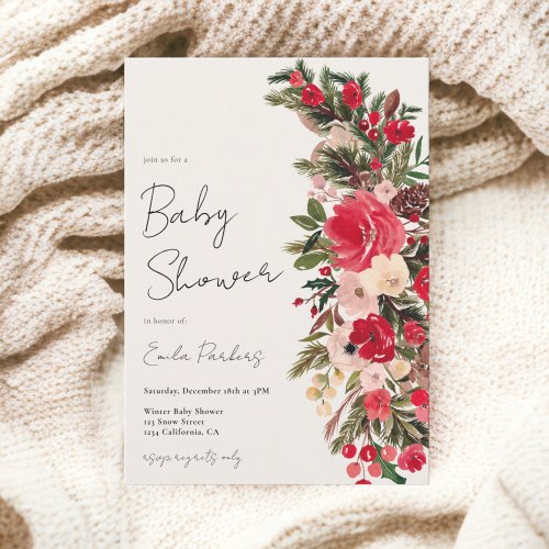 Rustic Red green Floral Winter baby shower Invitation