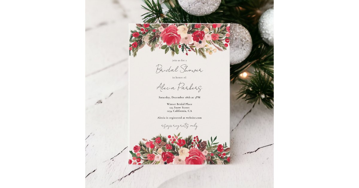 Rustic Red green Floral Winter Bridal shower Invitation | Zazzle