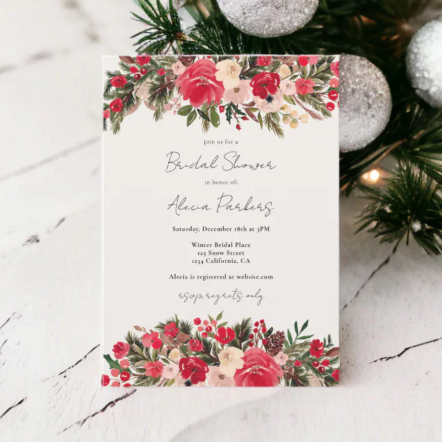 Rustic Red green Floral Winter Bridal shower Invitation | Zazzle
