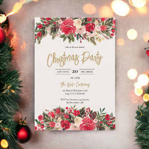 Rustic Red green Floral Winter Corporate Christmas Invitation