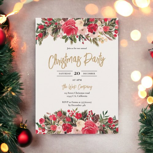 Rustic Red green Floral Winter Corporate Christmas Invitation