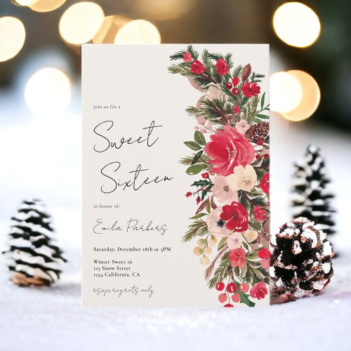 Rustic Red green Floral Winter Sweet 16 Invitation