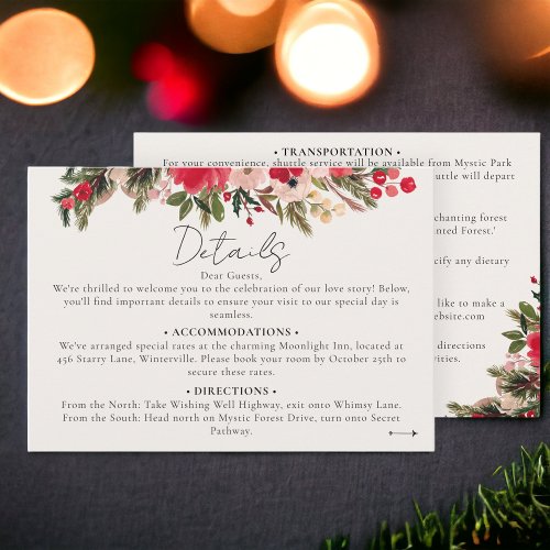 Rustic Red green Floral Winter Wedding details Enclosure Card