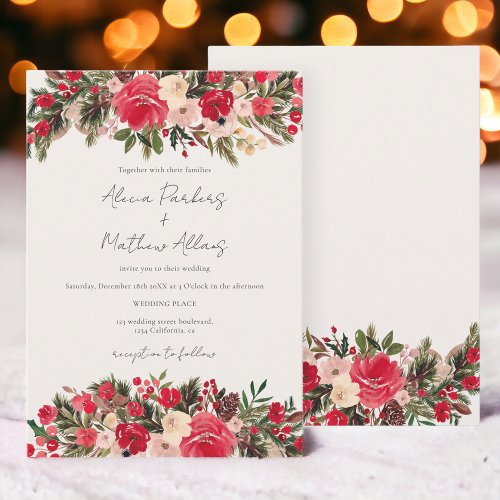 Rustic Red green Floral Winter Wedding Invitation