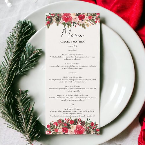 Rustic Red green Floral Winter Wedding Menu