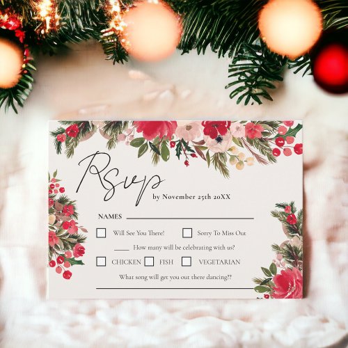 Rustic Red green Floral Winter Wedding RSVP Card