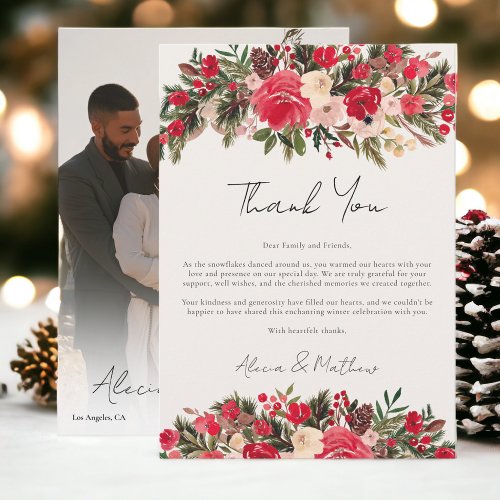 Rustic Red green Floral Winter Wedding Thank You Card