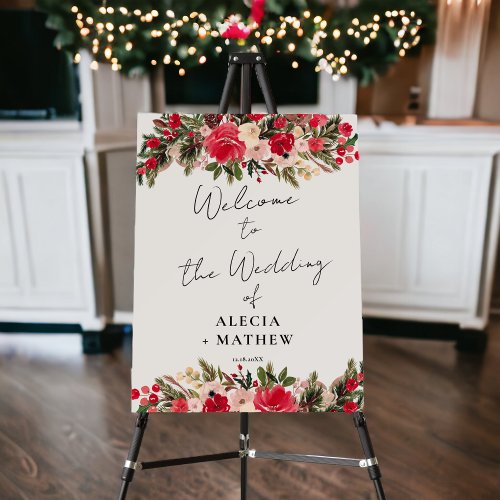 Rustic Red green Floral Winter Wedding Welcome Foam Board