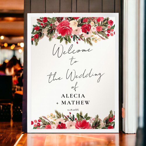 Rustic Red green Floral Winter Wedding Welcome Poster