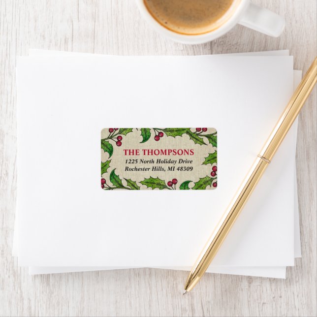 Rustic Red Green Holly Berry Wreath Address Label (Insitu)