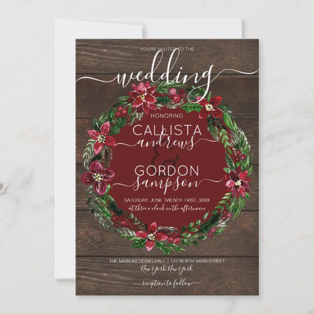 Rustic Red Green Holly Floral Wreath Wood Wedding Invitation (Front)