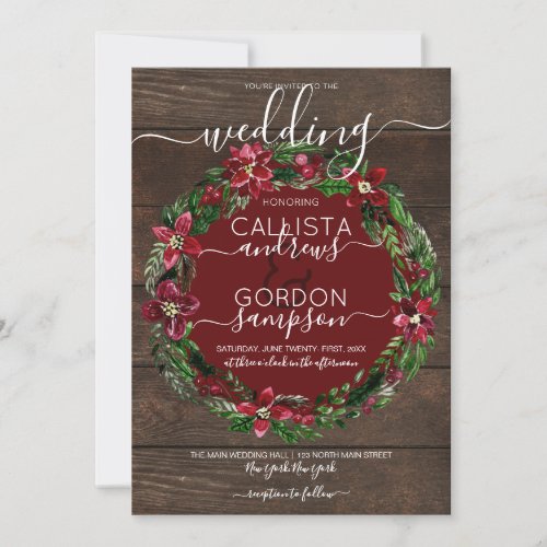 Rustic Red Green Holly Floral Wreath Wood Wedding Invitation