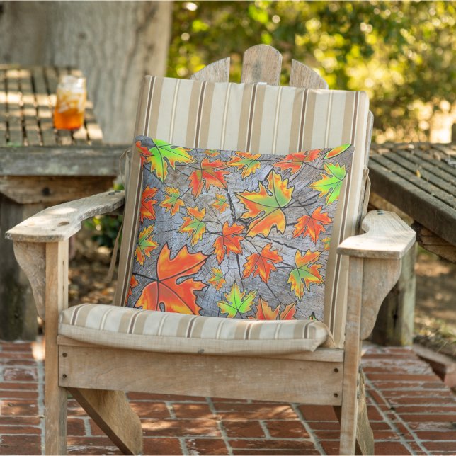Rustic  red green orange tree bark maple leaves outdoor pillow (Chair)