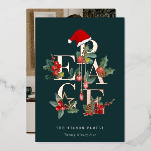 Rustic Red Green Photo Peace Christmas Foliage Foil Holiday Card