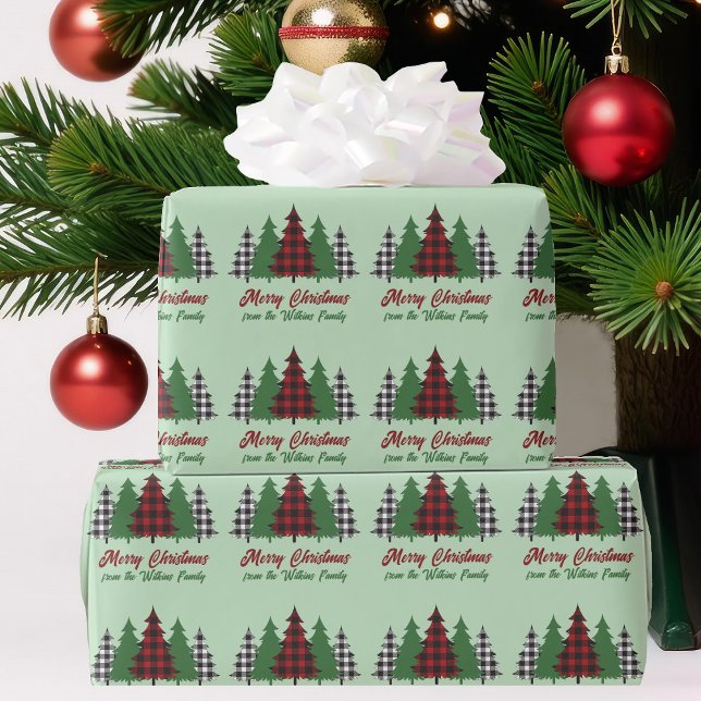 Rustic Red Green Plaid Christmas Trees Customized Wrapping Paper (Creator Uploaded)