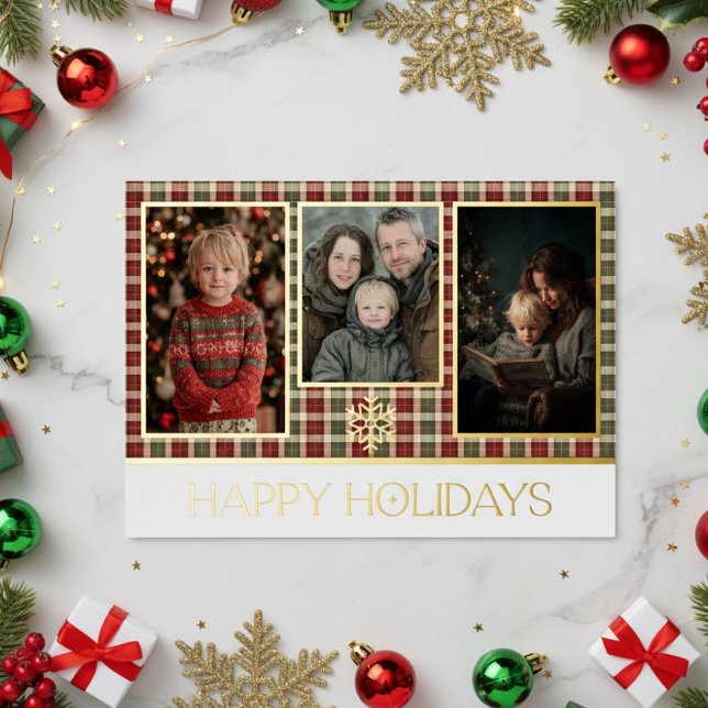 Rustic Red & Green Plaid Happy Holidays Photo Foil Holiday Card (Creator Uploaded)