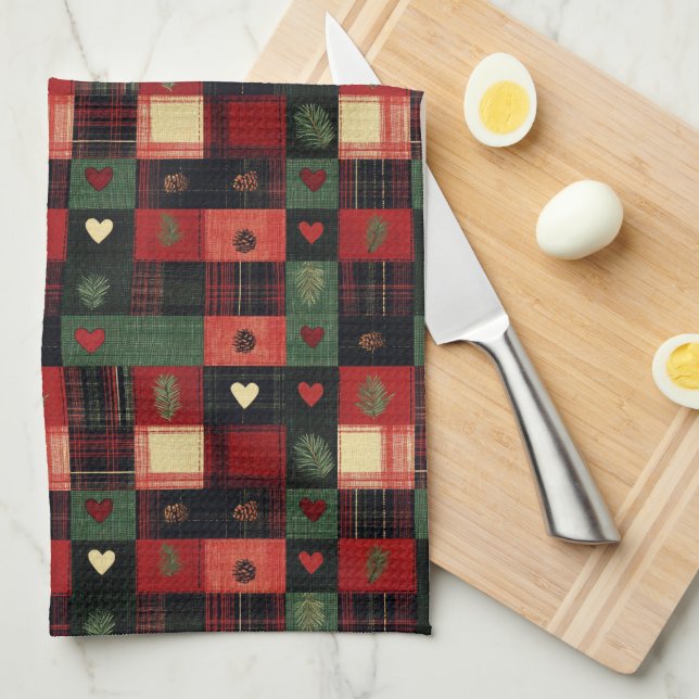Rustic Red Green Plaid Hearts Christmas Holiday Kitchen Towel (Quarter Fold)