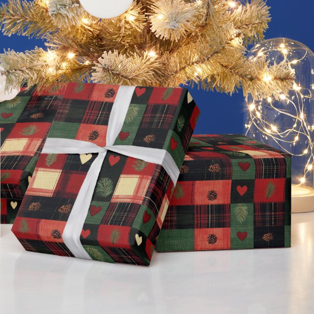 Rustic Red Green Plaid Hearts Christmas Holiday Wrapping Paper (Holidays)
